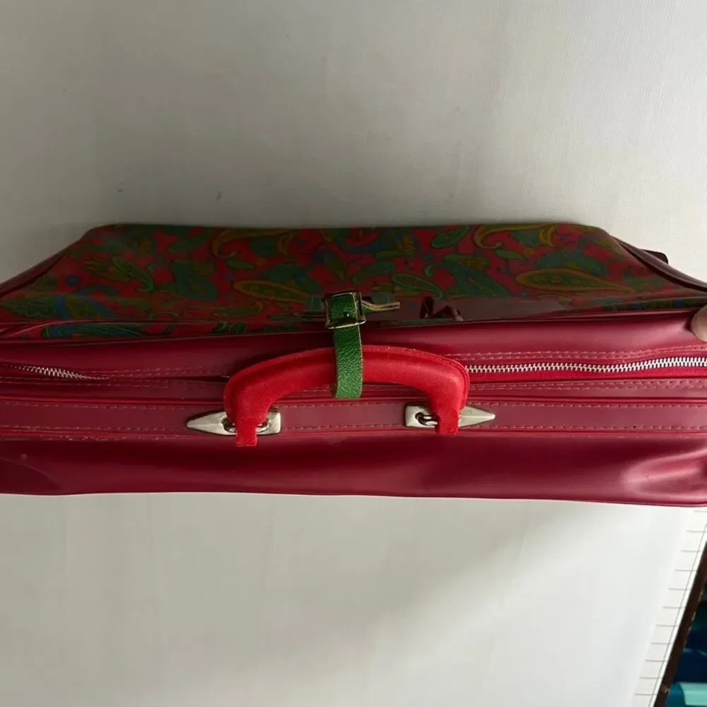 Vintage 60's 70's Paisley Red Travel Luggage Overnight